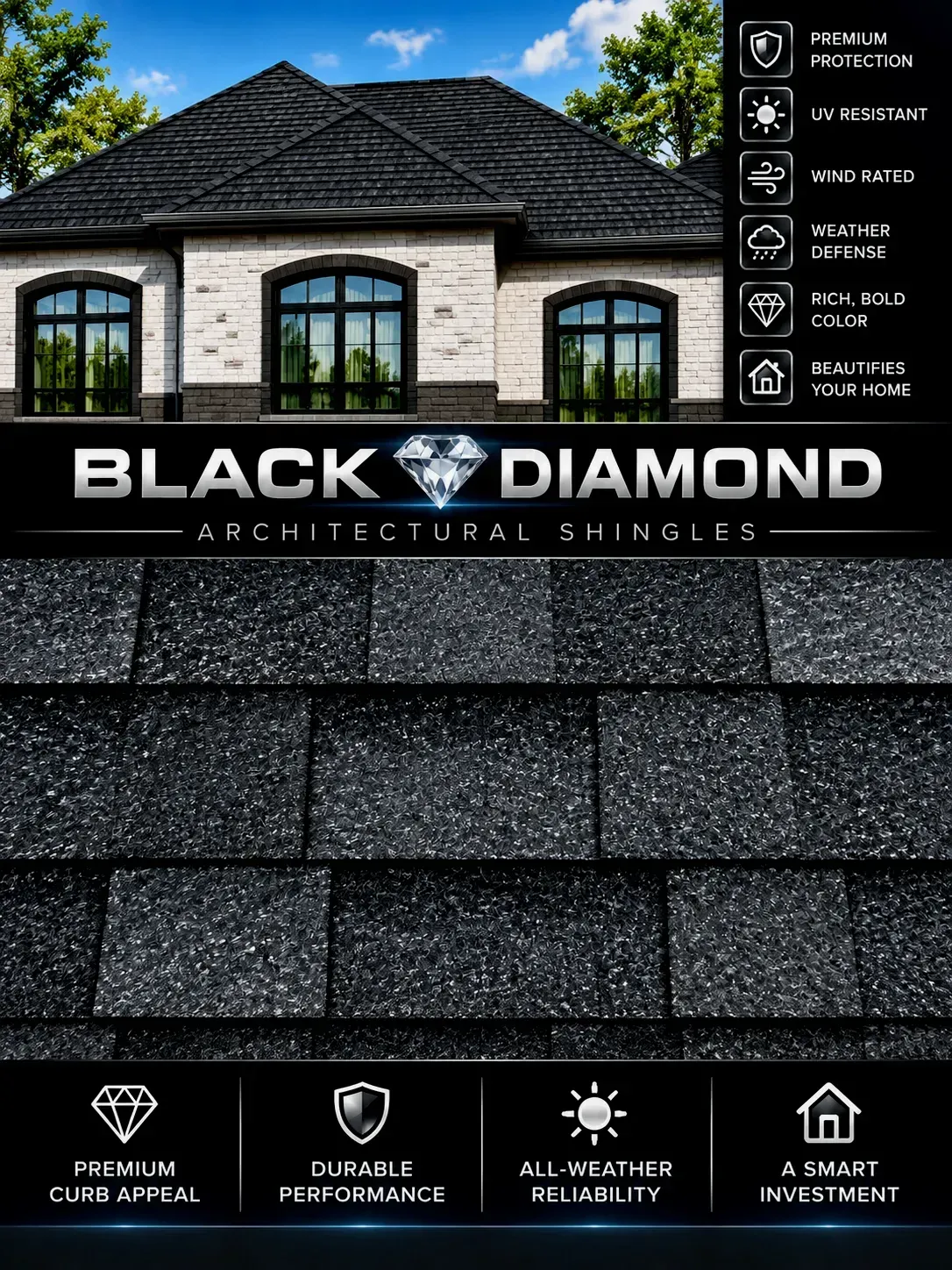 Black Diamond architectural shingles ad showing dark roof shingles on a house with logo and feature icons