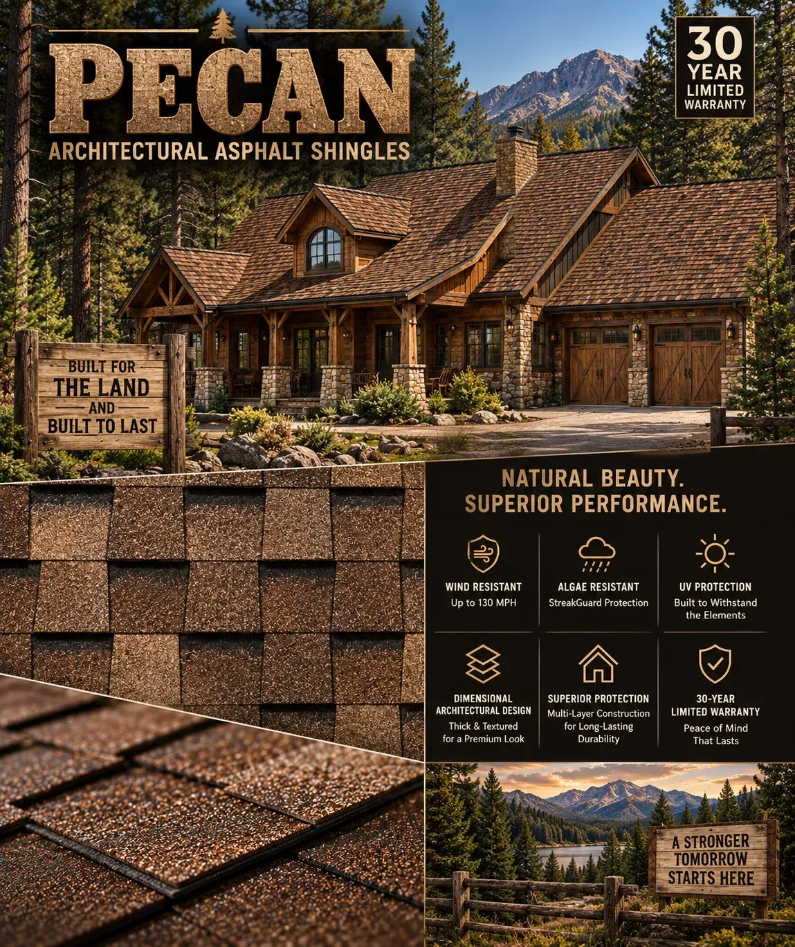 Pecan architectural asphalt shingles on a rustic mountain home, with product feature callouts and 30-year warranty badge