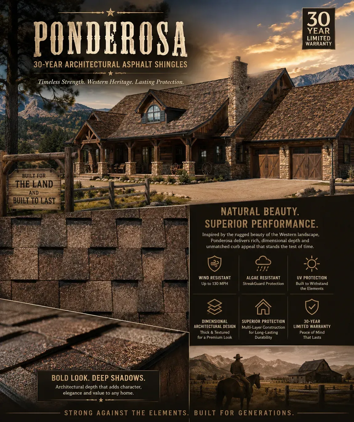 Ponderosa shingles ad with rustic cabin, brown roof, and “30 years” badge promoting natural beauty and performance