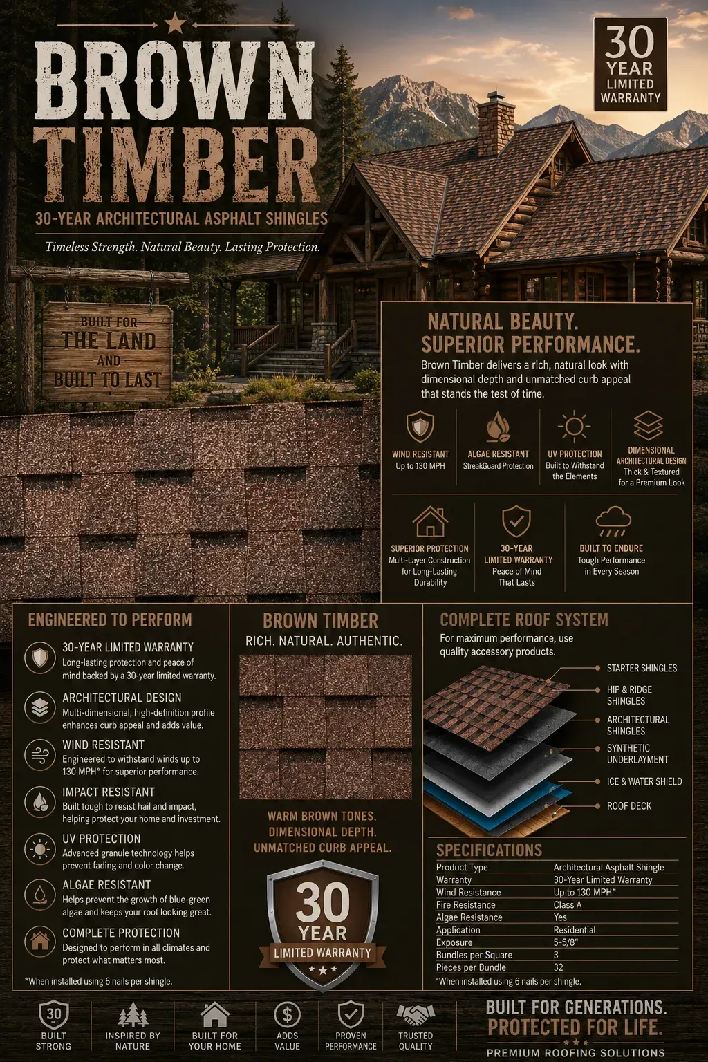 Brown Timber roofing flyer with brown shingle house, product features, and pricing information on a dark background