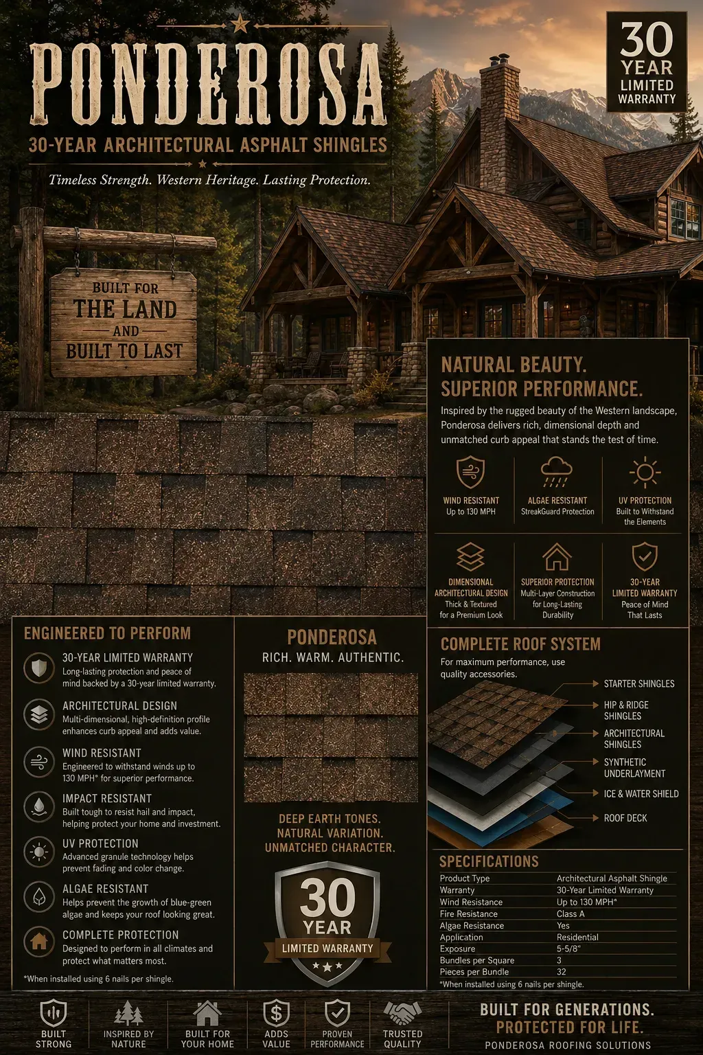 Brown vintage-style poster for Ponderosa lodging with cabin illustration, pricing, and amenity details