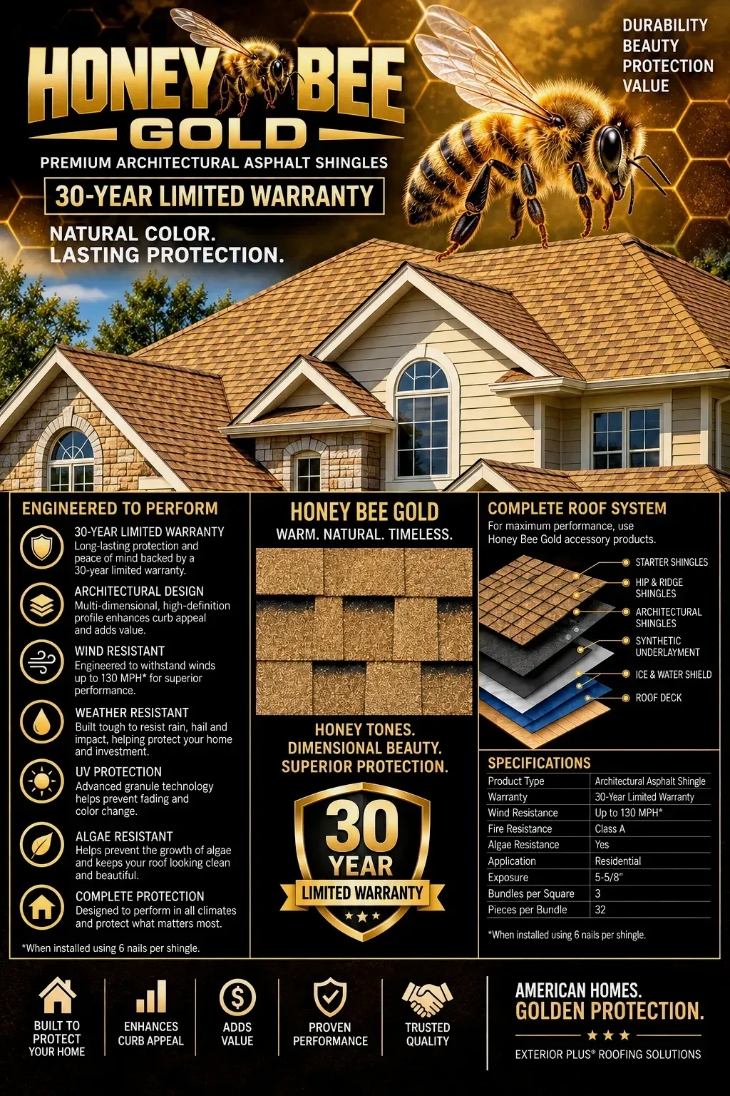 Honey Bee 30-year limited warranty flyer for brown shingle roofing, with bee graphics and product details