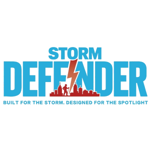 Storm Defender logo with blue text and red lightning over a city skyline