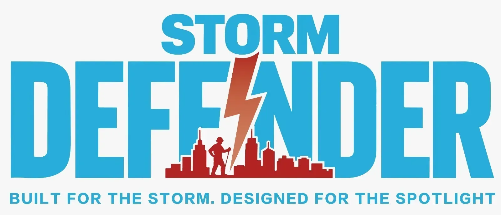 Storm Defender logo with blue text, orange lightning bolt, and red skyline; slogan: Built for the storm. Designed for the spotlight.
