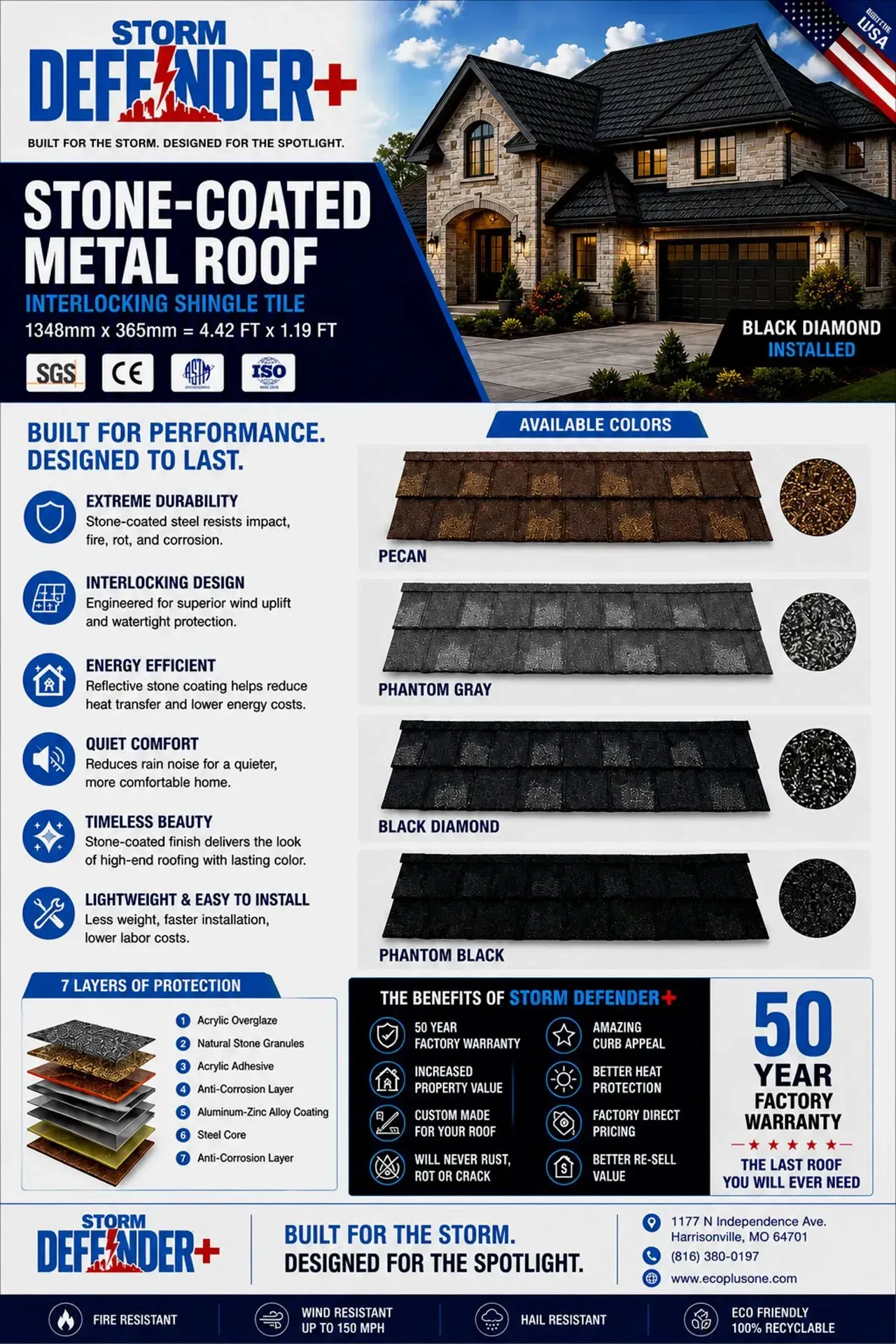 Storm Defender+ Stone-Coated Metal Roof advertisement with roof samples, feature icons, and a home photo