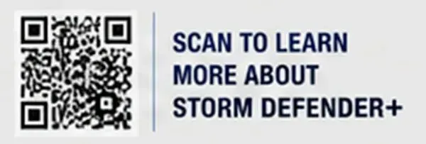 QR code beside text: “Scan to learn more about Storm Defender+”
