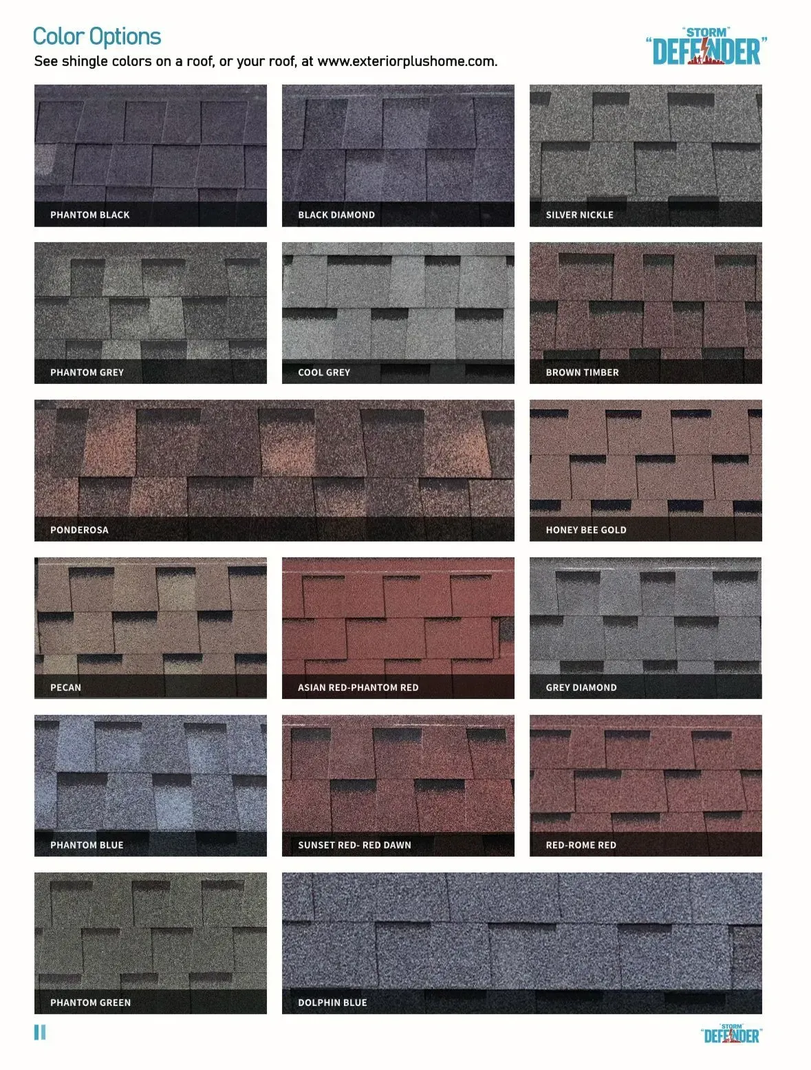 Color options chart showing rows of roof shingle samples in various colors and textures.