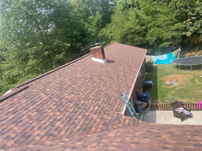 Brown shingle roof with a chimney and surrounded by trees and a yard.