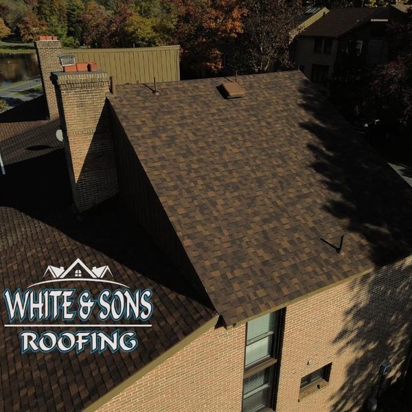 Brown shingle roof on a house with brick exterior, chimney, and fall trees in the background.