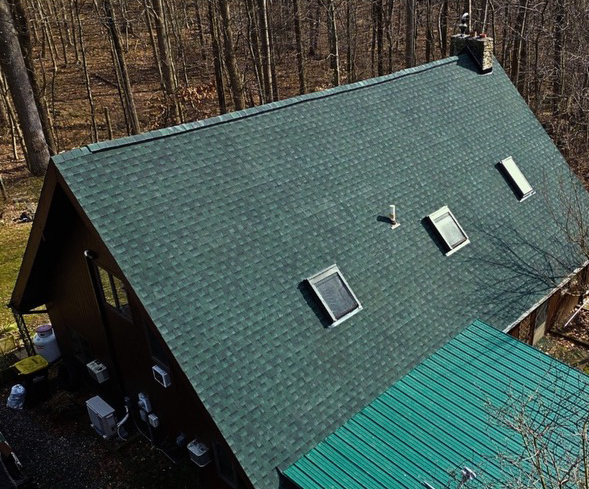 A-frame house with a green roof and three skylights set in a wooded area.