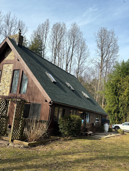 A-frame house with dark green roof and brown siding in a grassy yard, tall trees in background.