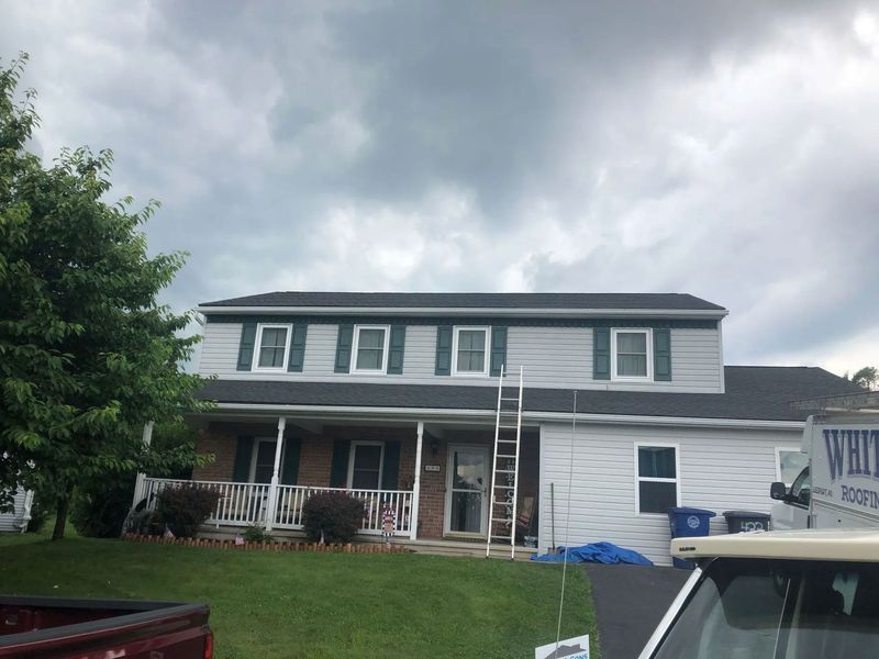 House with new black roof, white siding, green shutters, and ladder. Overcast sky.
