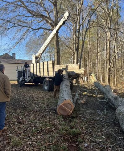 Truck with crane lifting a tree log, men working in yard near house and trees.