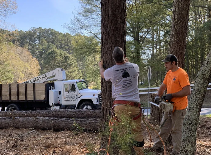 Two tree service workers cutting a tree, with a truck and crane in the background.