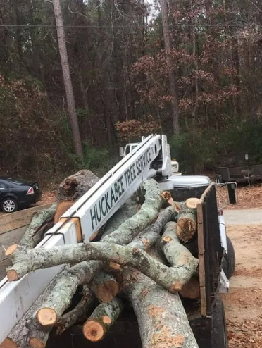 A truck bed filled with tree limbs being loaded by a crane. 