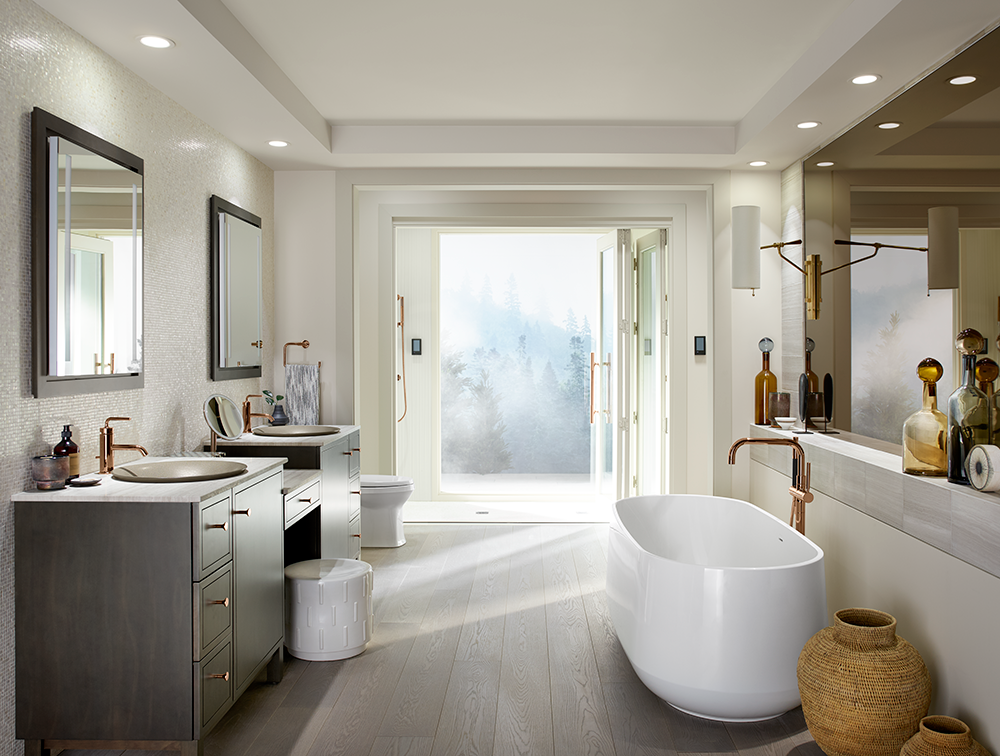 A bathroom with a tub , sinks , toilet and mirrors.
