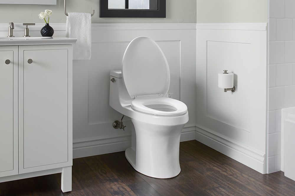 A white toilet is sitting in a bathroom next to a sink.
