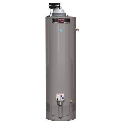 A gray gas water heater on a white background.