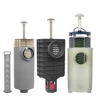 Three cylindrical water filters of varying colors and designs, each with a handle and a mesh component, stand against a white background.