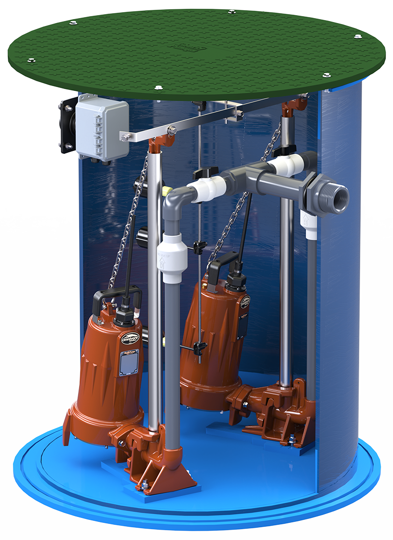 A vertical sump pump system with two orange pumps inside a blue cylinder. Green cover on top.