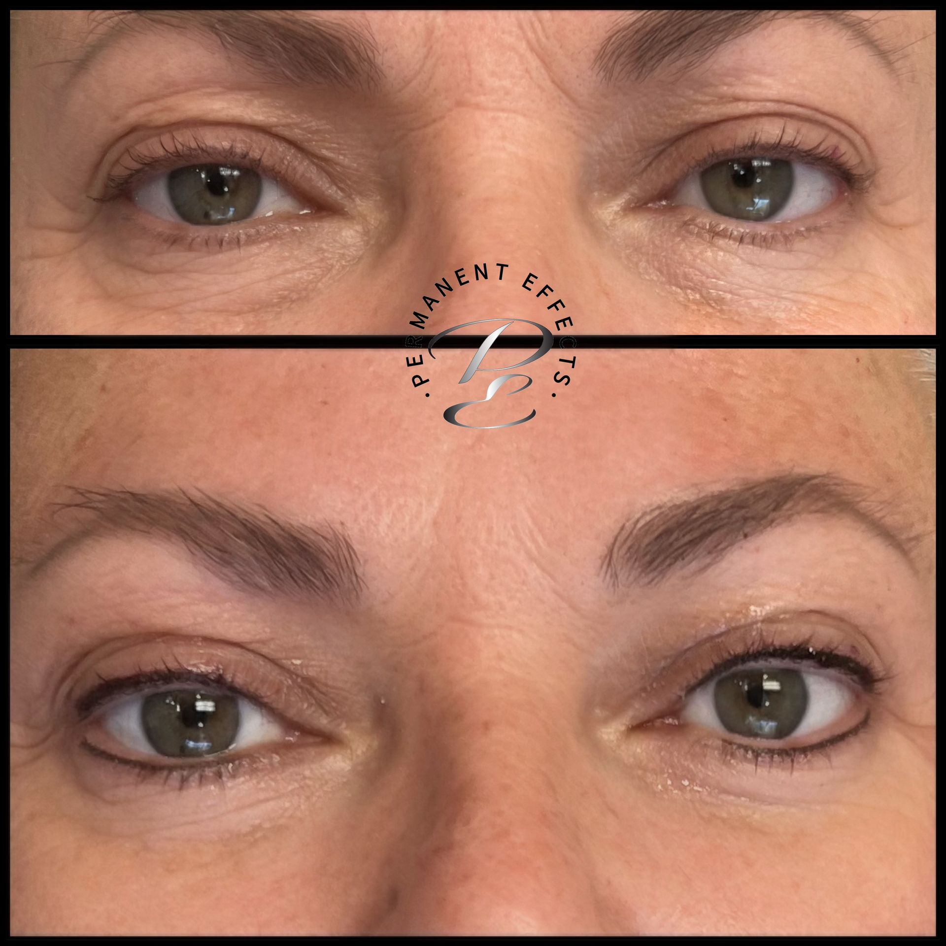 A woman's eyes before and after permanent eyebrows