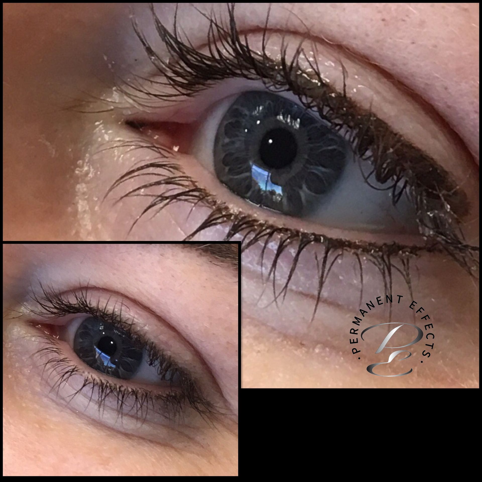 Close-up of eye with permanent eyeliner, two views. Eyelashes and details of the iris are visible.