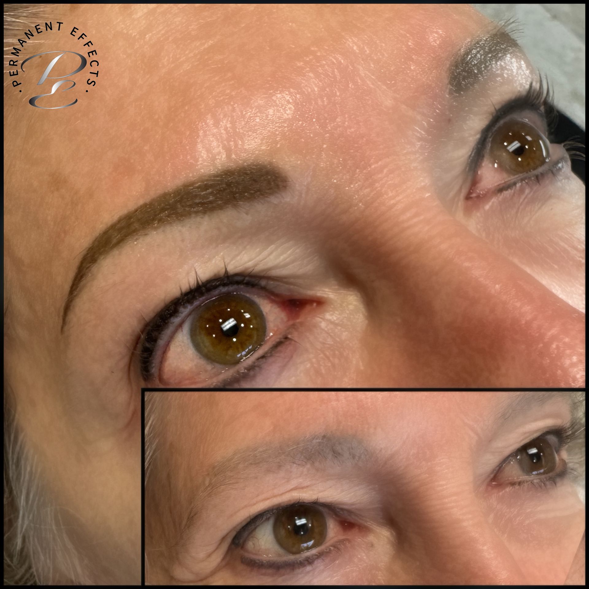 Eyebrow and eyeliner tattoo before and after, brown eyebrows, eyeliner, and close-up of eyes.