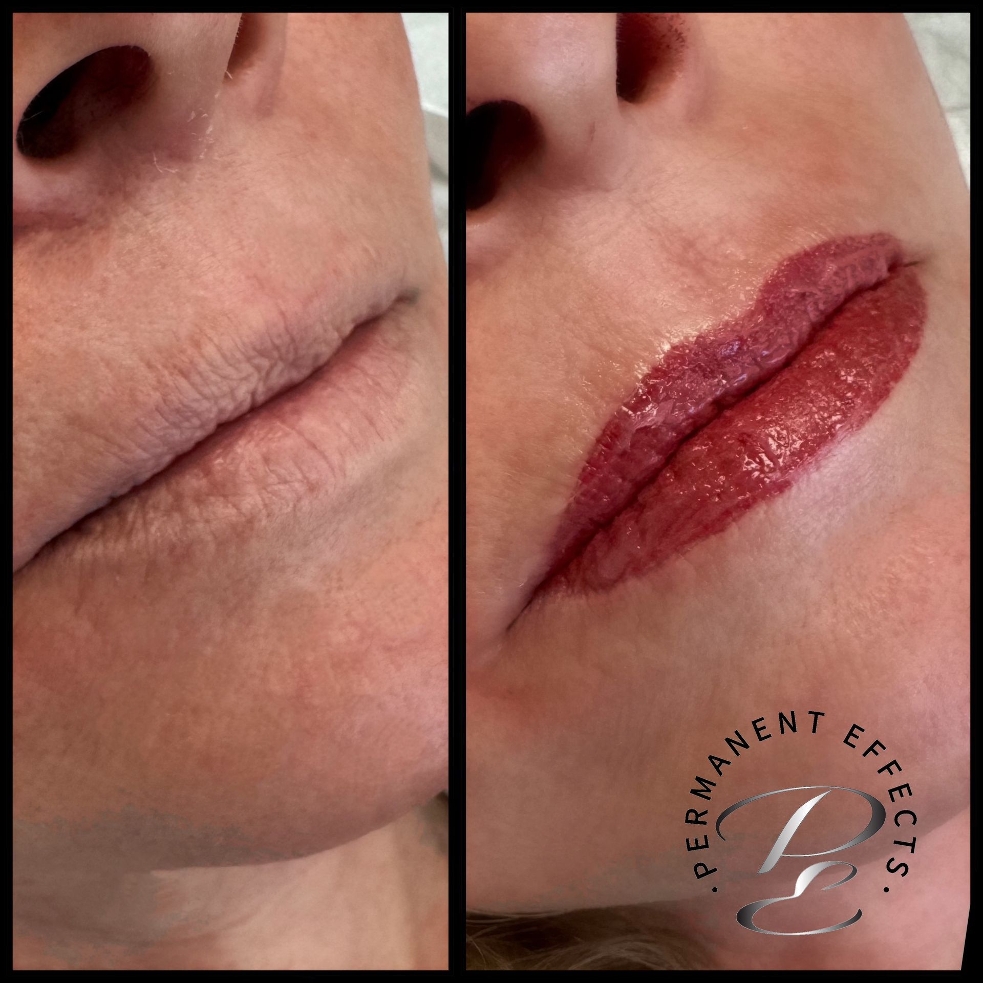 Before and after photos of lips, one uncolored, one with a red-brown lip tattoo.
