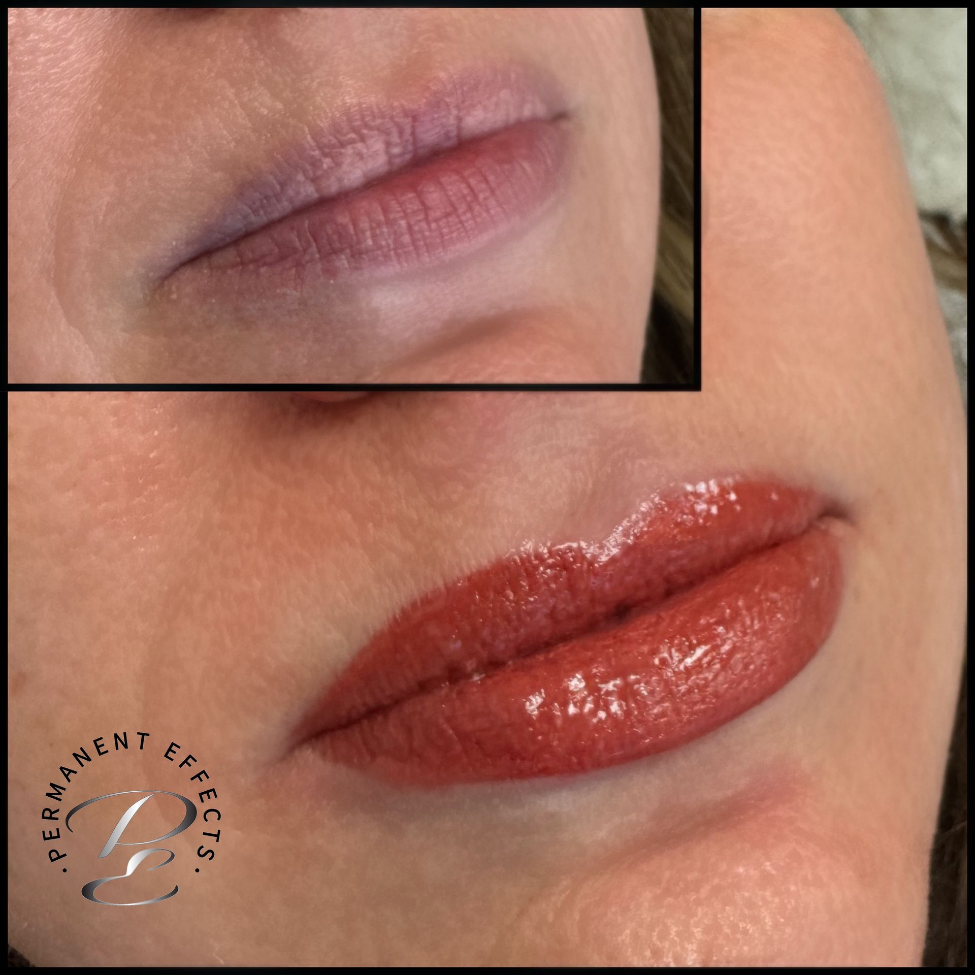 Before and after lip tattoo, showing a change from a faded to a vibrant red-brown lip color.