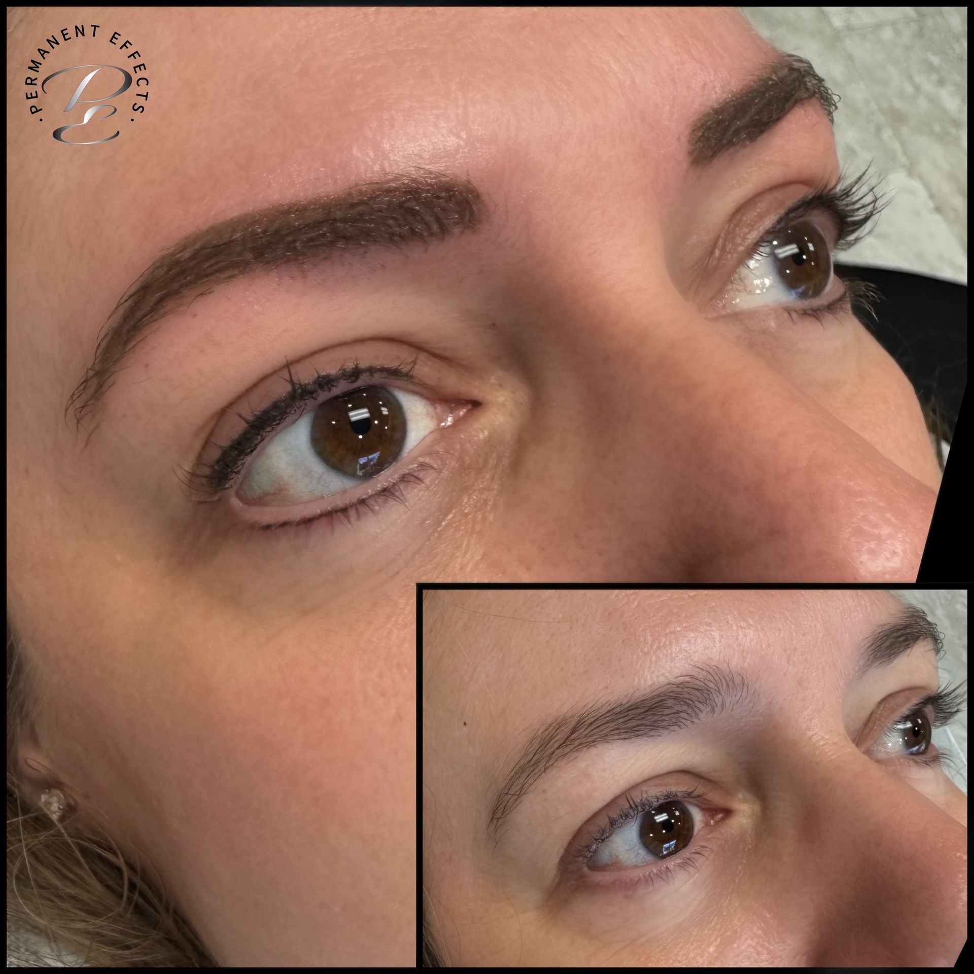 Woman's face with permanent makeup eyebrows and eyeliner, with an inset showing the brows only.