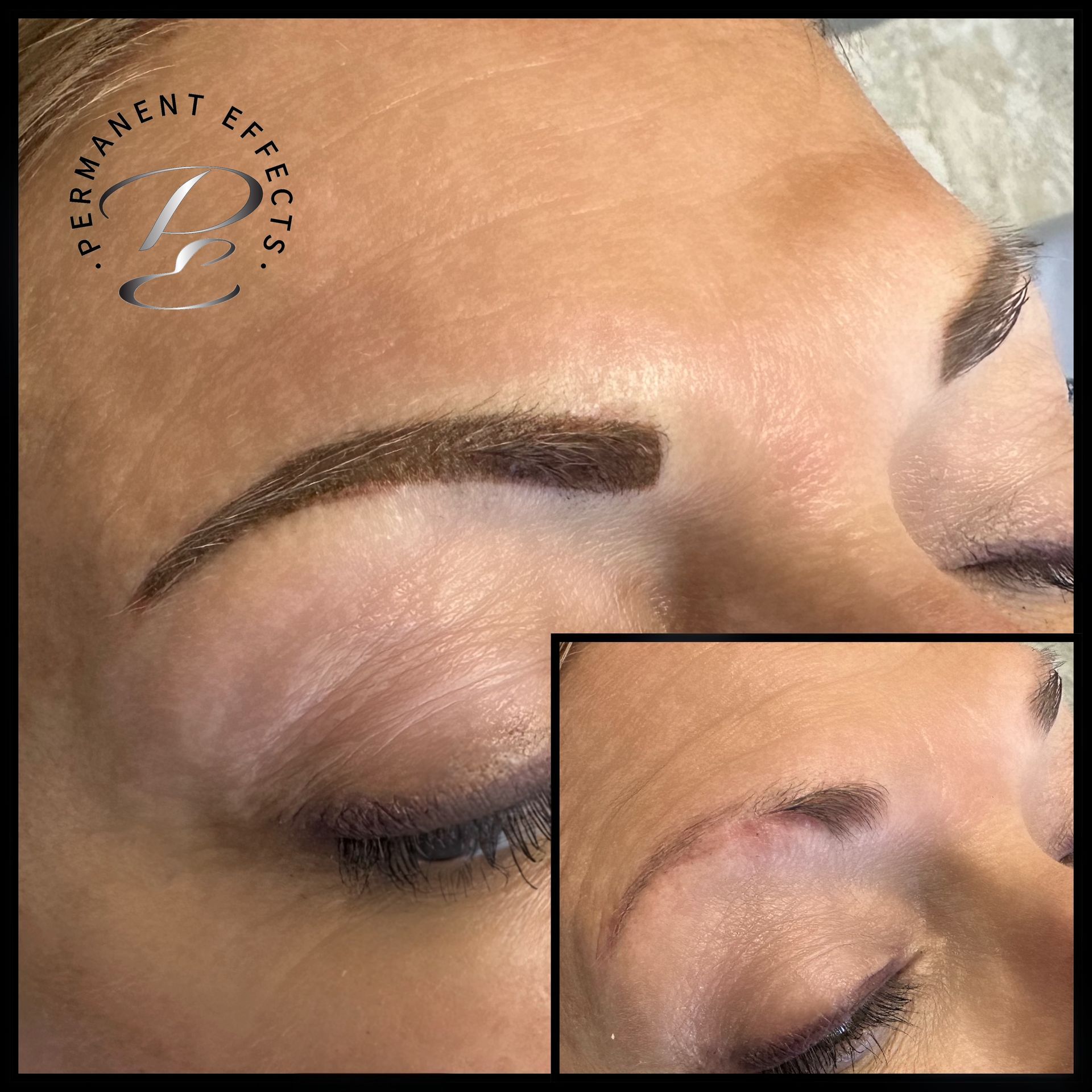 Eyebrow tattoo on a person's face, comparison of healed and initial design with dark brown ink.