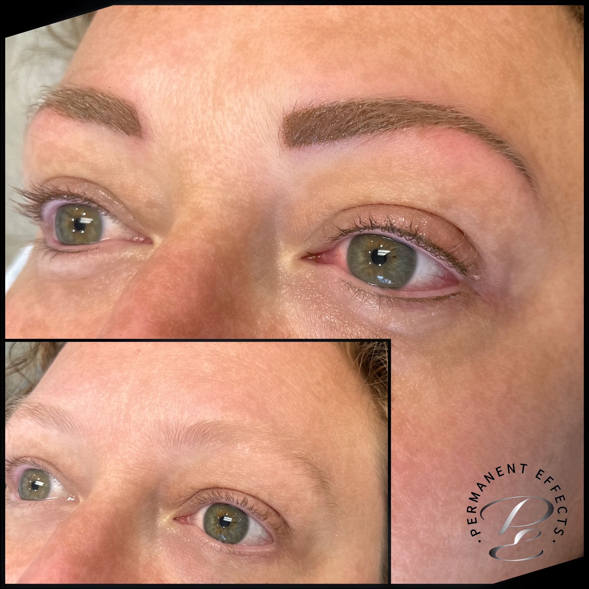 Woman's face showing before and after eyebrow permanent makeup. Green eyes, light brown brows, and inset with natural brows.