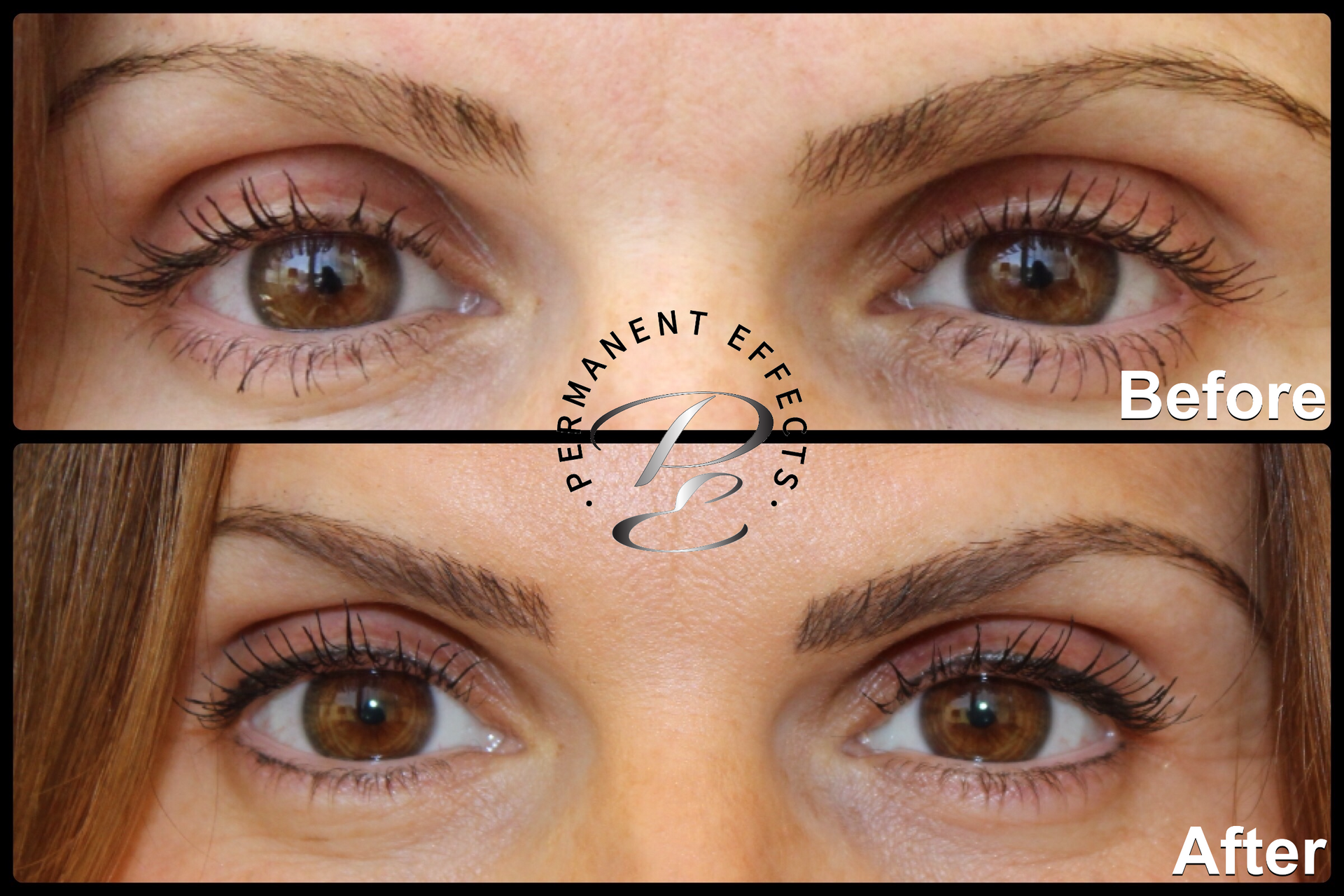 Comparison of eyes, before and after cosmetic eyebrow enhancement. Brown eyes, visible lashes.