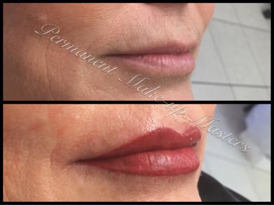 A before and after photo of a woman's lips with permanent makeup.