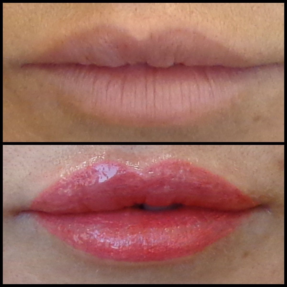 A before and after picture of a woman's lips with red lipstick
