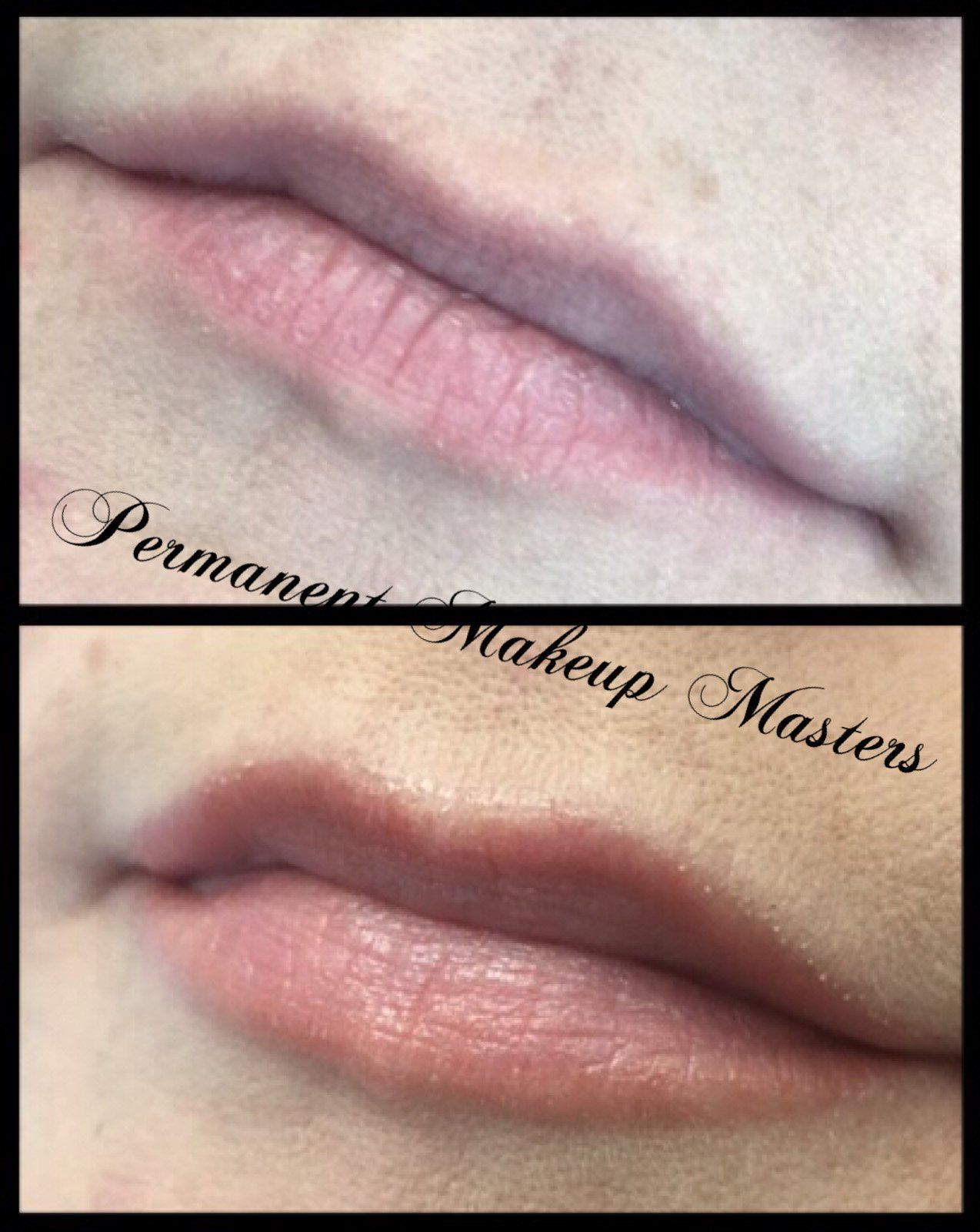 A before and after photo of a woman's lips with permanent makeup.