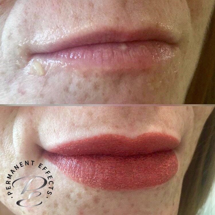 A before and after photo of a woman's lips with red lipstick.