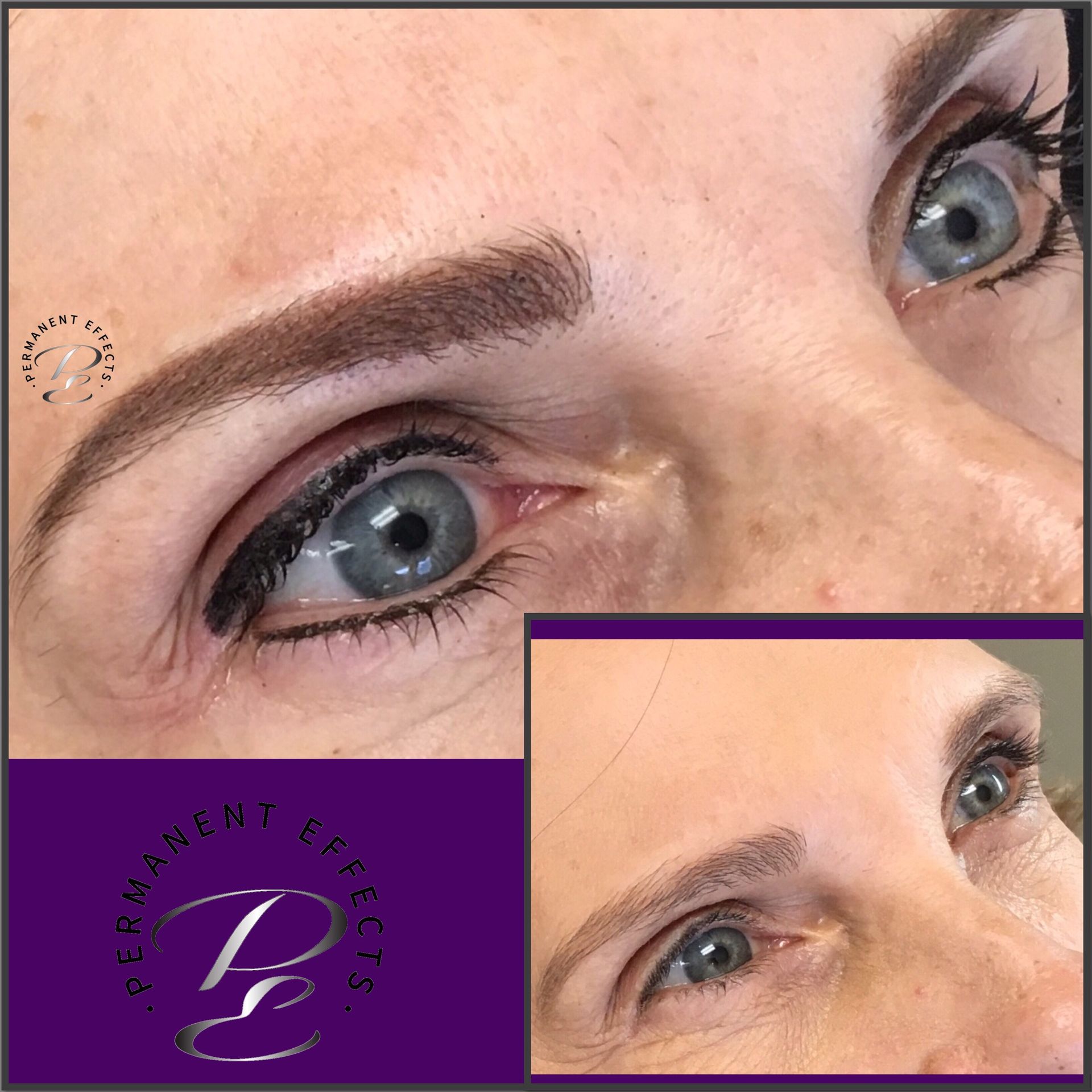 A close up of a woman's eye with blue eyes and a purple background.