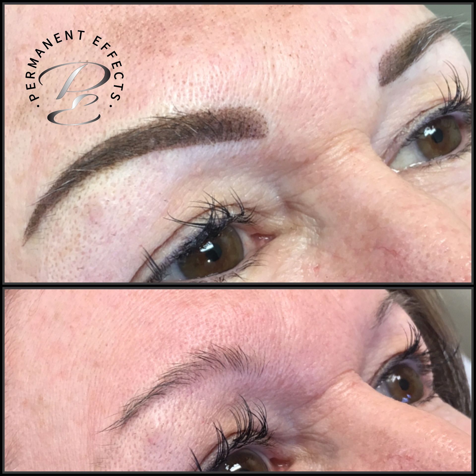 A before and after photo of a woman's eyebrows.