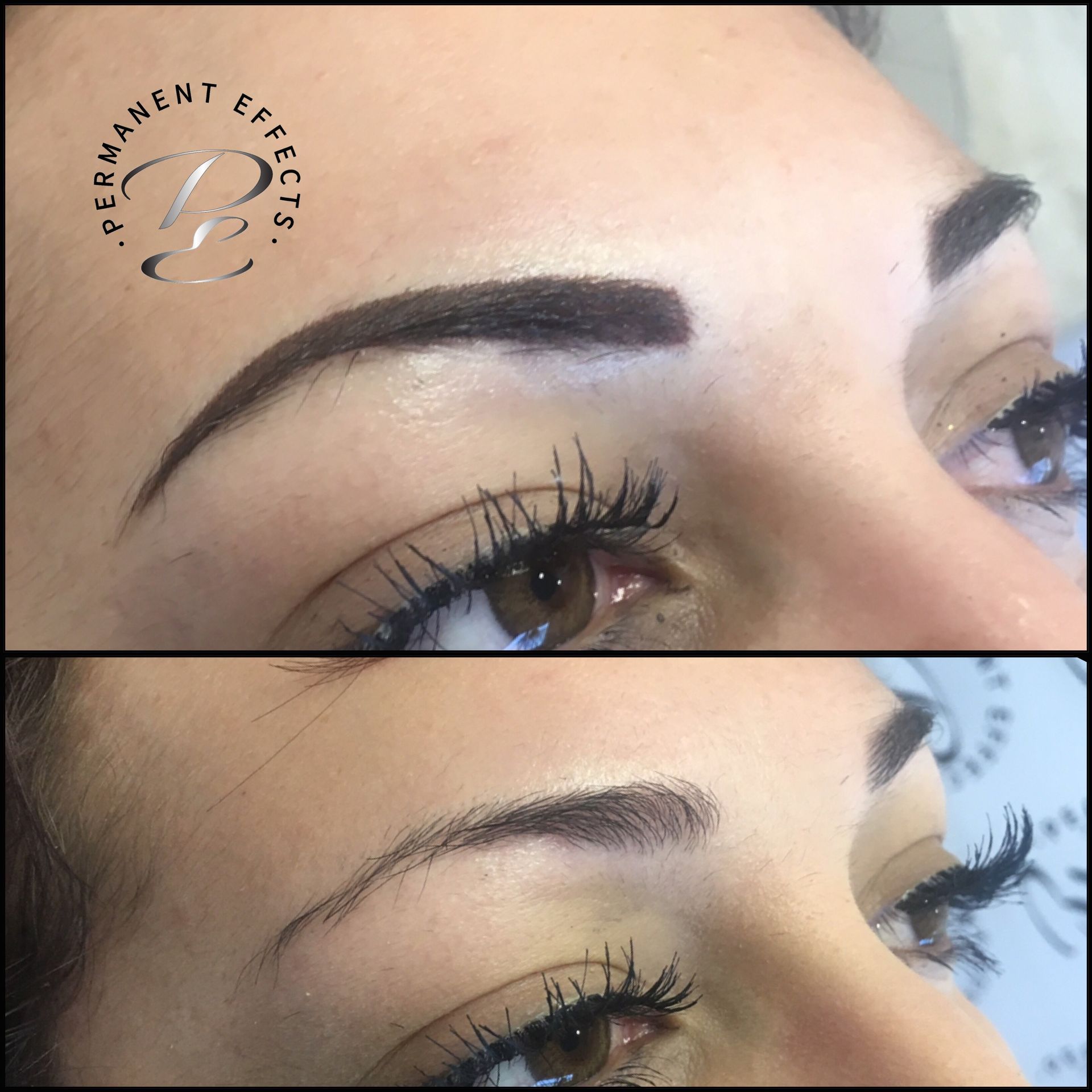 A before and after picture of a woman's eyebrows.