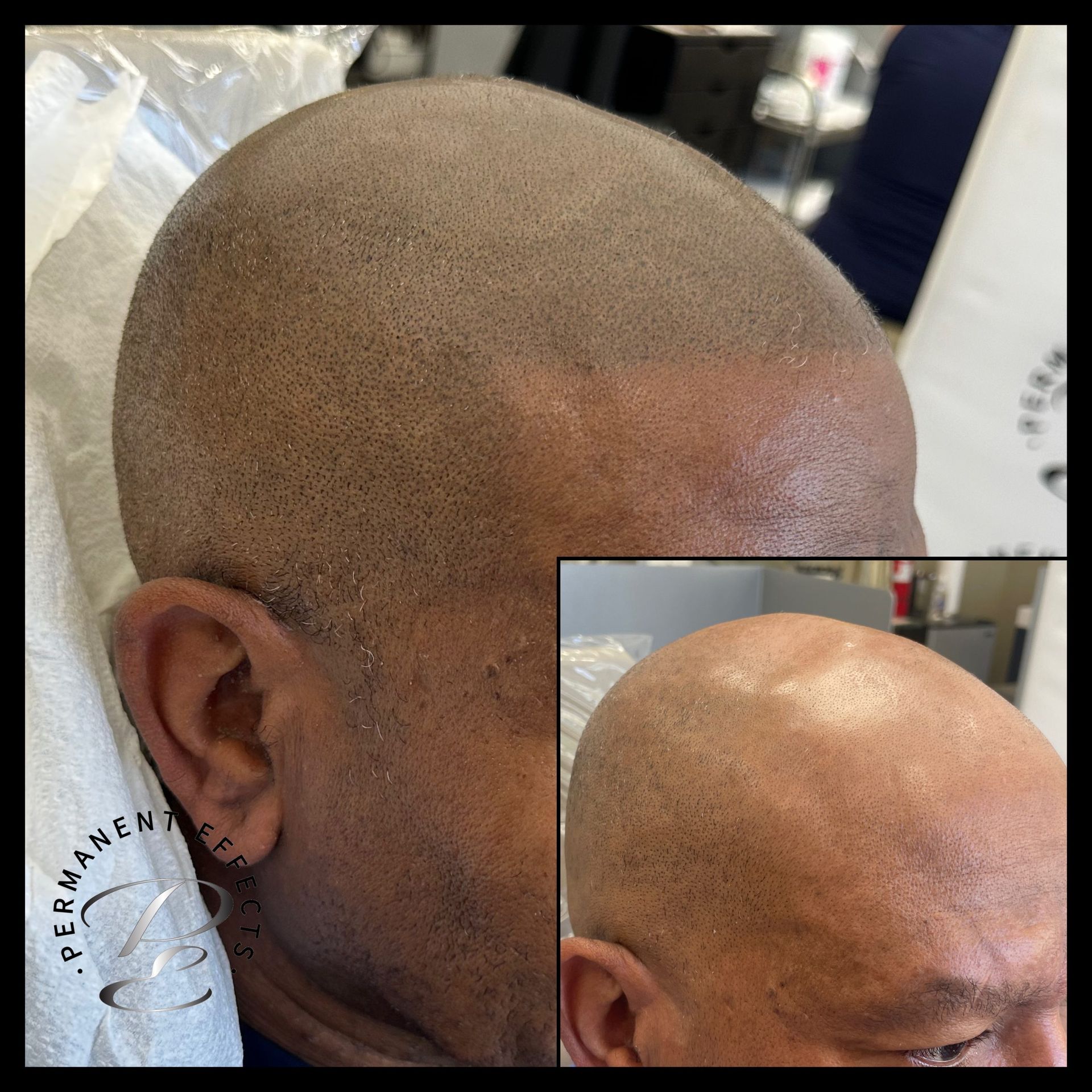 A close up of a man 's head with the word permanent on it