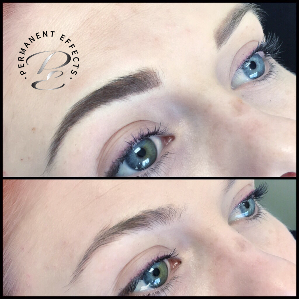 Before and after comparison of eyebrows showing a semi-permanent makeup procedure with defined, filled-in results.