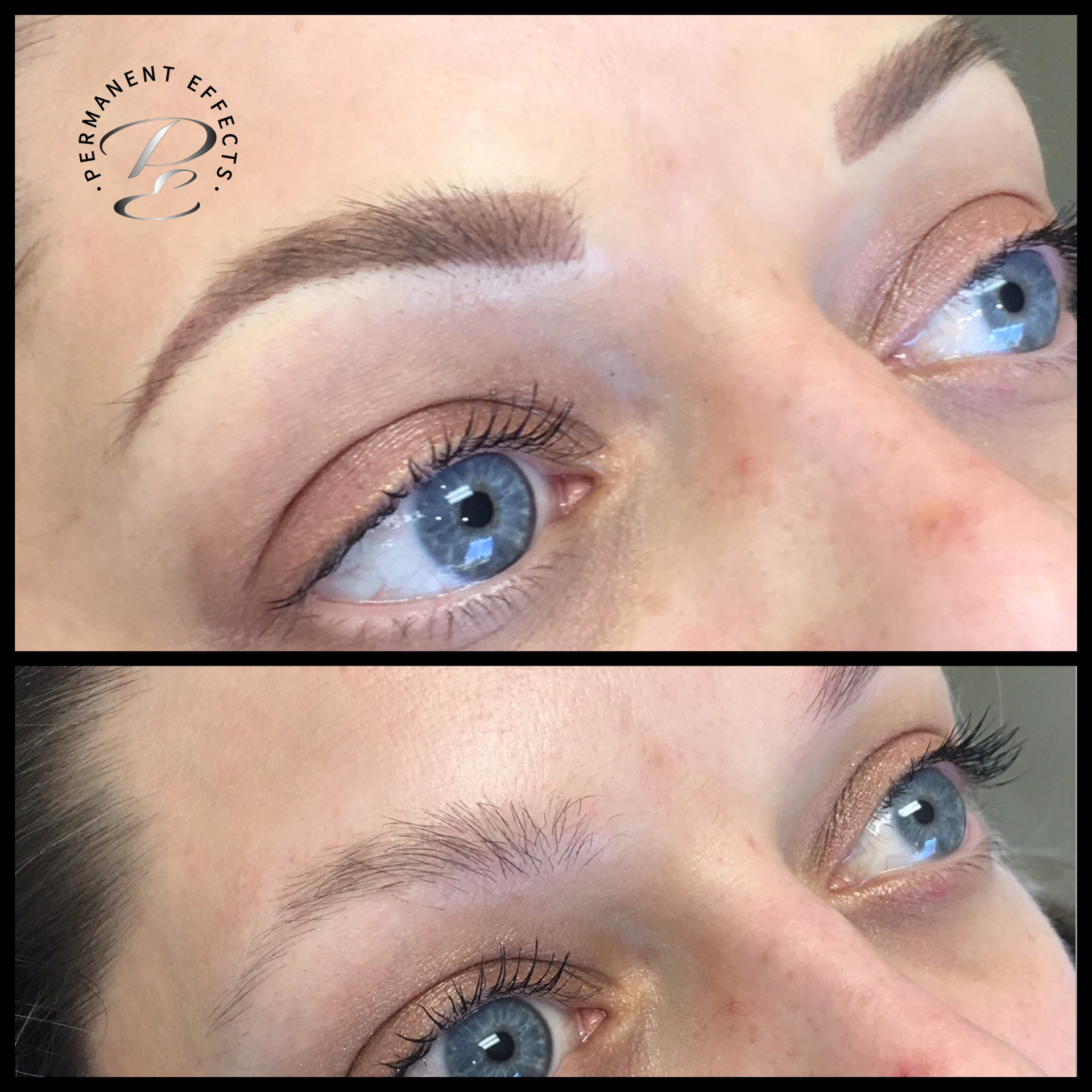 Before and after comparison of eyebrows showing natural sparse hair versus filled-in permanent makeup.