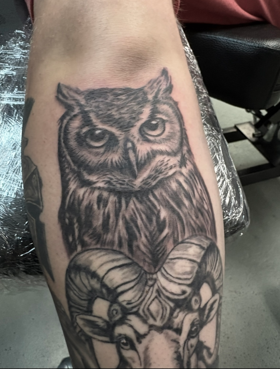 A person has a tattoo of an owl on their leg