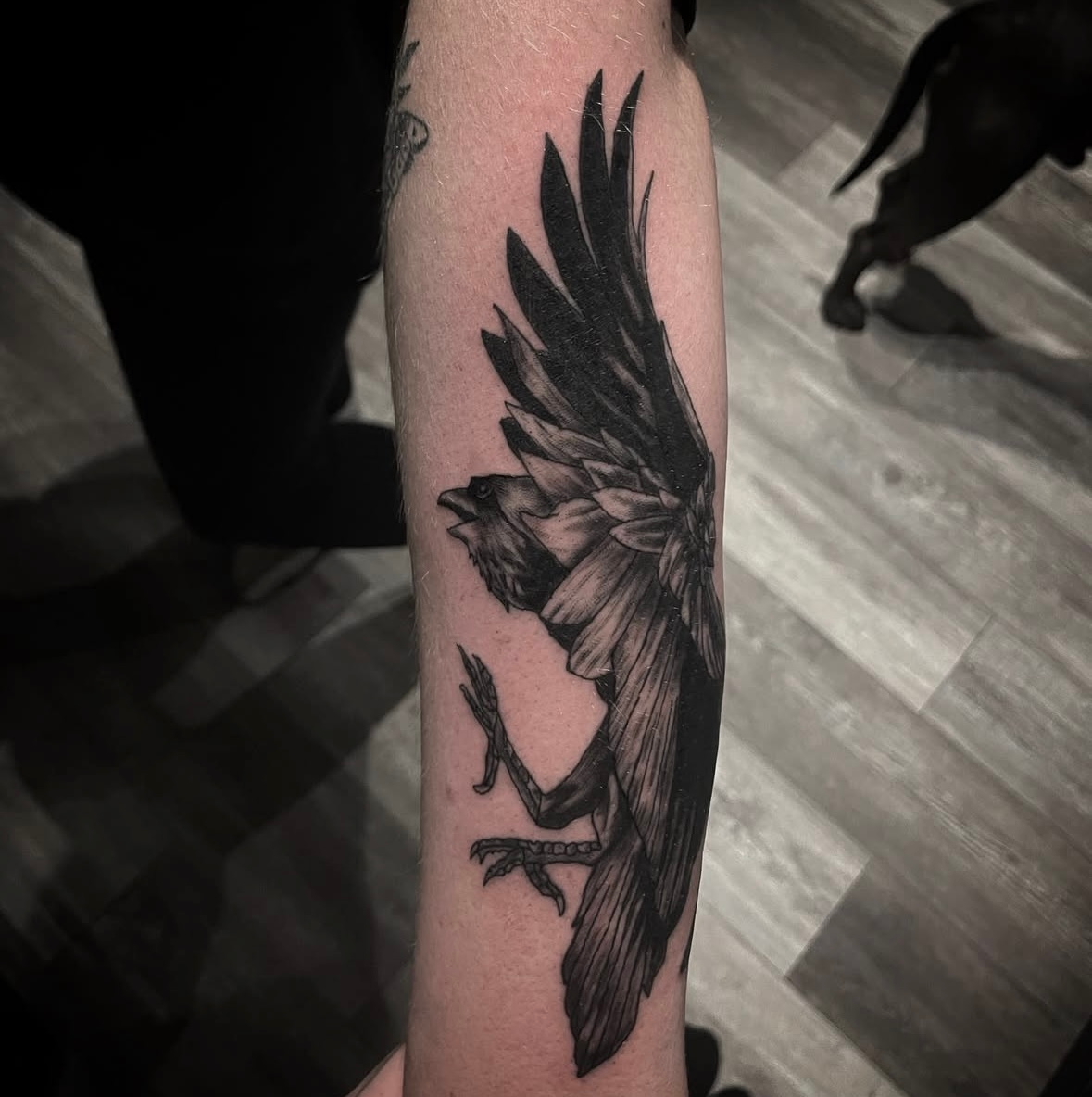 A black and white tattoo of a bird on a person 's arm