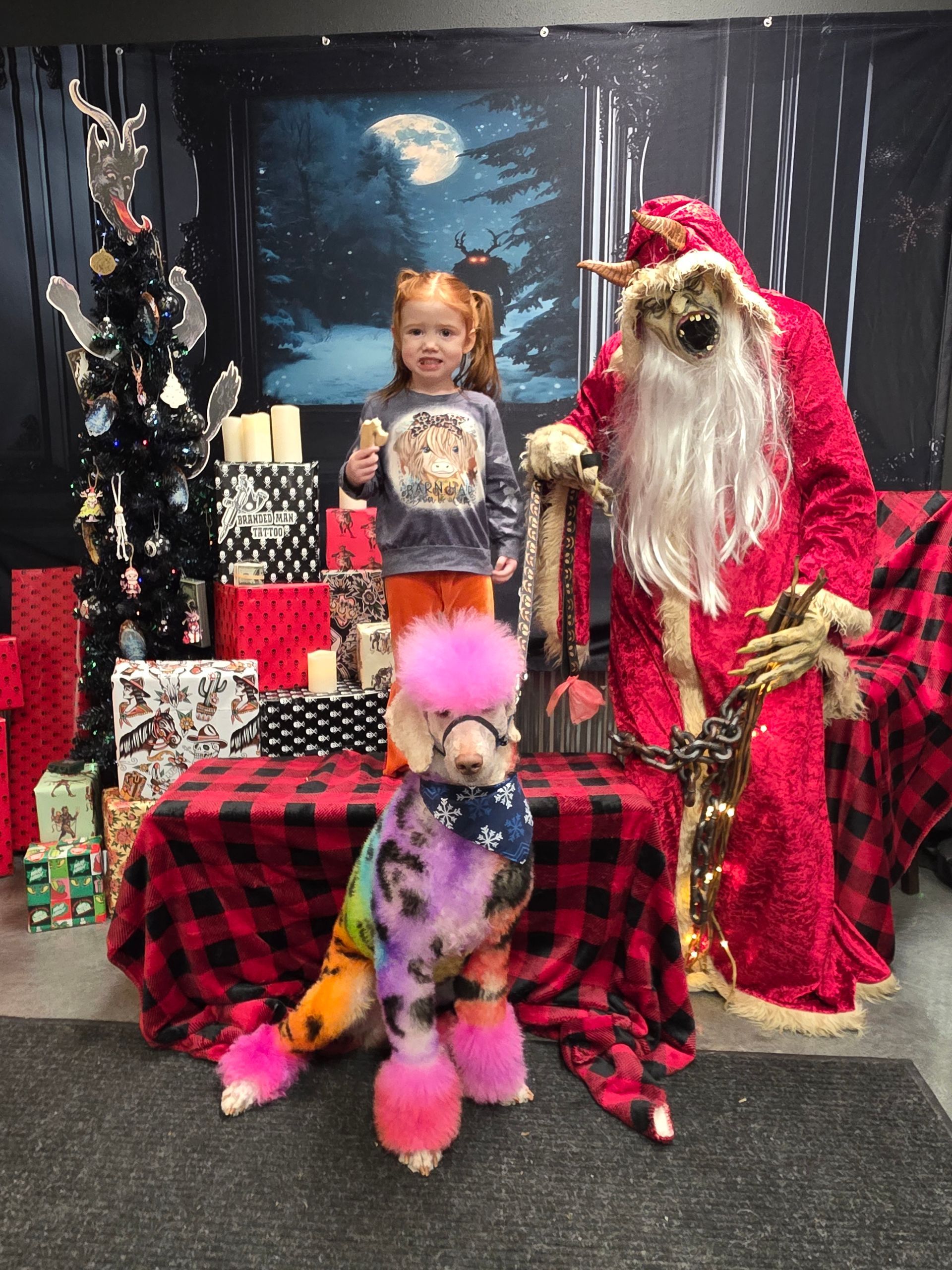 Child and brightly colored poodle pose with Santa Claus and Christmas tree.