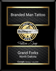 Award plaque for Branded Man Tattoo in Grand Forks, North Dakota, a 2025 Best of Business Rale winner.