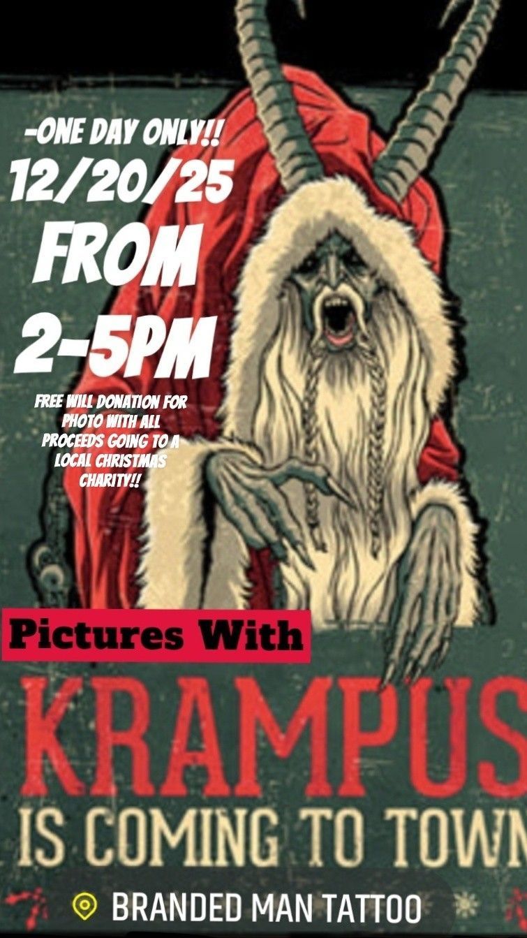 Poster Pictures with Krampus, one day only, Dec 20, 2025, 2-5pm. The Krampus character with horns and a red coat is featured.