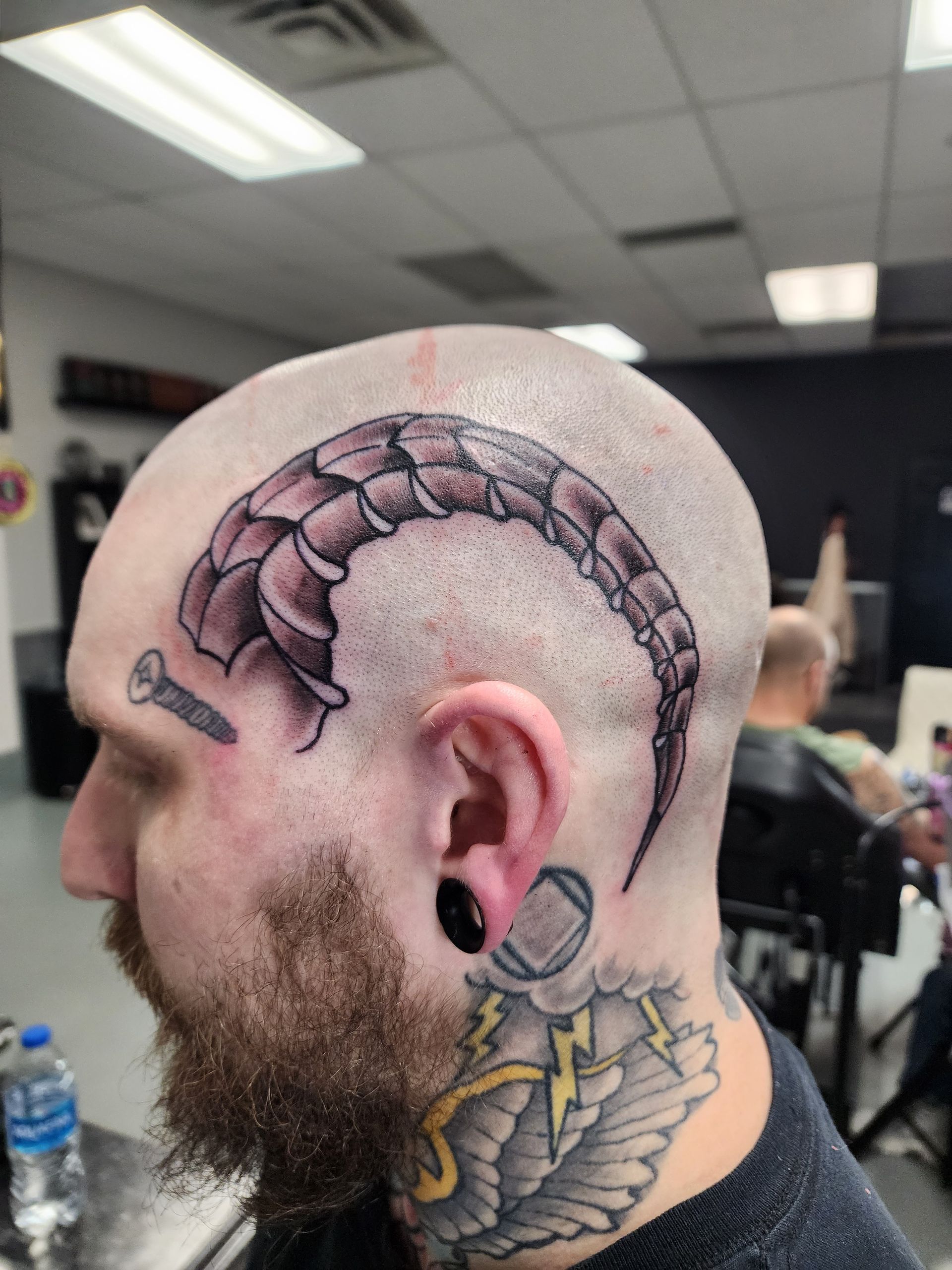 Man with shaved head, horned tattoo. Tattoo also on neck with ear gauges. Studio setting.
