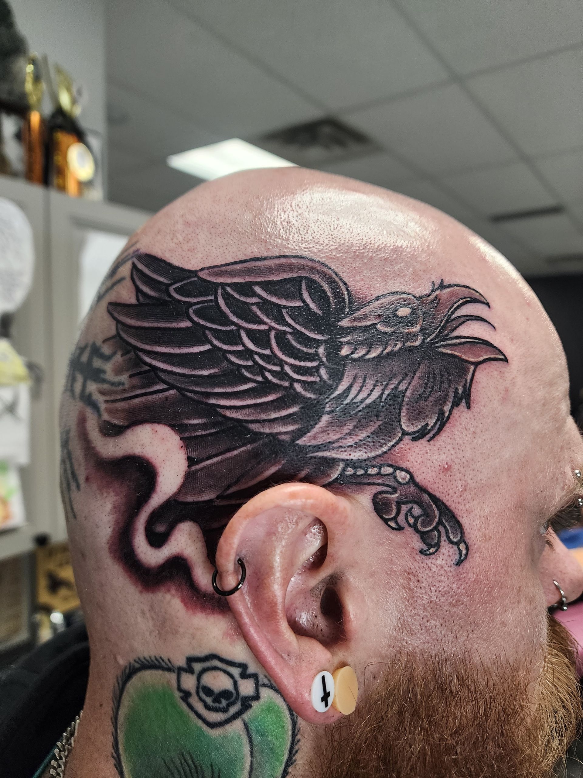 Bald head with a black raven tattoo. Raven has open beak, smoke trail. Ear gauges and neck tattoo.